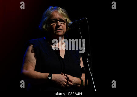 London, UK. 8th July 2018. Lindsey German is a founder of Stop the War Coalition addresses the crowds at the Just Say No - Artists Against Trump & War host by Stop the War Coalition, Trump is not welcome in the UK at The Shaw Theatre on 8th July 2018. Credit: Picture Capital/Alamy Live News Stock Photo