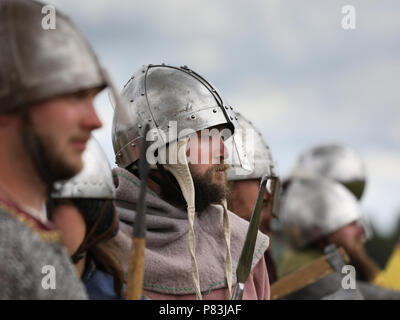 Carham, Northumberland, UK. 8th July, 2018. Credit: Jim Gibson/Alamy Live News.re-enactment marking the thousandth anniversary of the Battle of Carham took place over the weekend. The battle between Uhtred, son of Waldef, Earl of the Northumbrians and the combined forces of Mael Coluim (II) mac Cinaeda (Malcom son of Cyneth, King of Scots) and Owain the Bald (King of Strathclyde) is considered by many to be the reason why the Scottish border is where it is today.  Credit: Jim Gibson/Alamy Live News Stock Photo