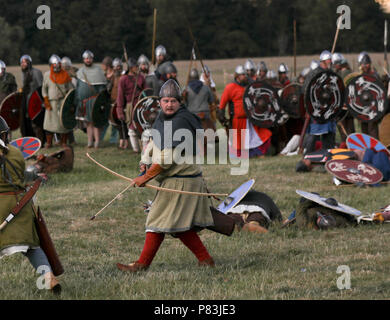 Carham, Northumberland, UK. 8th July, 2018. Credit: Jim Gibson/Alamy Live News.re-enactment marking the thousandth anniversary of the Battle of Carham took place over the weekend. The battle between Uhtred, son of Waldef, Earl of the Northumbrians and the combined forces of Mael Coluim (II) mac Cinaeda (Malcom son of Cyneth, King of Scots) and Owain the Bald (King of Strathclyde) is considered by many to be the reason why the Scottish border is where it is today.  Credit: Jim Gibson/Alamy Live News Stock Photo