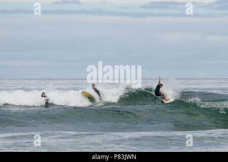 Strandhill, Sligo, Ireland. 8th July 2018: Surfers enjoying the great weather and Atlantic waves surfing in Strandhill in county Sligo - one of the best places in Europe to surf. Stock Photo