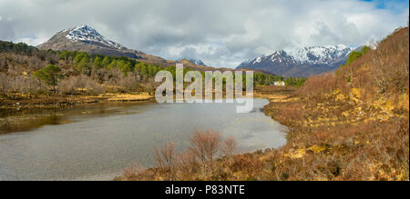 Sgùrr Dubh, Liathach, the Beinn Eighe range and Coulin Lodge over Loch Coulin, Torridon, Highland Region, Scotland, UK Stock Photo