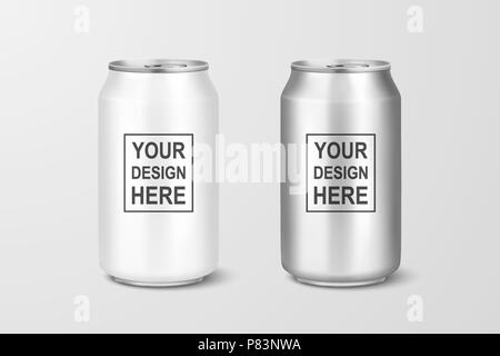 Vector realistic 3d empty glossy metal silver aluminium beer pack or can visual 330ml. Can be used for lager, alcohol, soft drink, soda, fizzy pop, lemonade, cola, energy drink, juice, water etc. Icon set closeup isolated on white background. Design template of packaging mockup for graphics. Front view Stock Vector