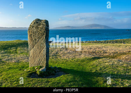 The island of Taransay, from the Clach Steineagaidh standing stone, near Sgarista, South Harris, Western Isles, Scotland, UK Stock Photo