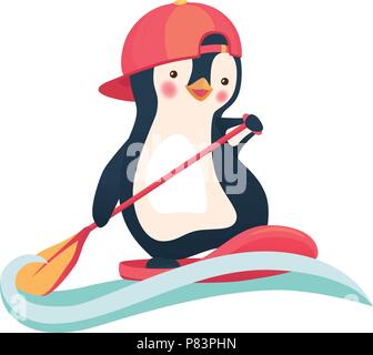 Penguin floating on SUP board. Paddle board. Penguin vector illustration Stock Vector