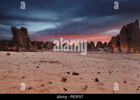Sunset in Sahara Desert, Tassili N'Ajjer, Tin Tazarift area, Algeria Stock Photo