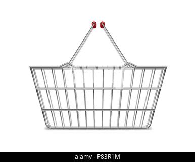 Realistic metal empty supermarket shopping basket side view isolated on white. Basket market cart for sale with handles. vector illustration Stock Vector