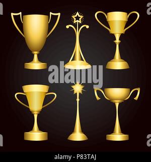 Six Golden winner trophy cups, prize sports awards. Emblem championship and leadership collection. Vector illustration Stock Vector
