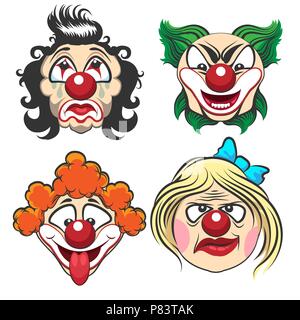 Set of different circus clown faces. Fun and creepy clowns. Vector Illustration. Stock Vector