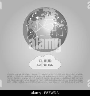 Black and White Modern Minimal Style Cloud Computing, Networks Structure, Telecommunications Concept Design, Network Connections, Transparent Geometric Wireframe - Vector Illustration Stock Vector