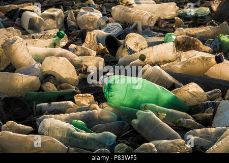 Empty single use plastic drink bottles and other trash on beach in Negombo, Sri Lanka Stock Photo