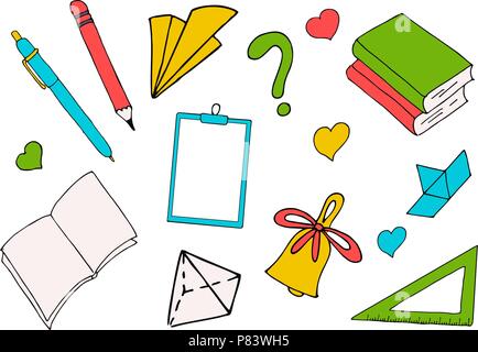 Back to school. A colored inscription on white with school supplies and books. Illustration for Knowledge Day in September Stock Vector