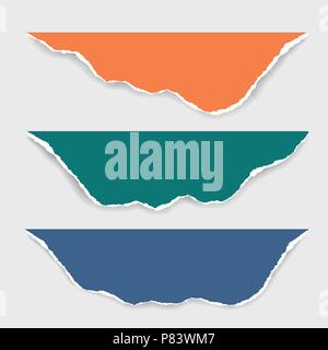 Three torn sheets of paper of different colors with shadow, isolated on a white background, suitable for infographics - vector Stock Vector