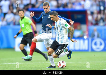 Antoine Griezmann of France competes with Angel Di Maria of Argentina  during the 2018 FIFA World Cup Russia Round of 16 match between France and Argentina at Kazan Arena on June 30, 2018 in Kazan, Russia. (Photo by Lukasz Laskowski/PressFocus/MB Media) Stock Photo