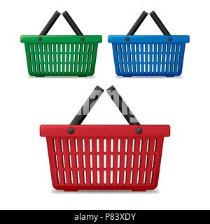Realistic red, blue and green empty supermarket shopping basket isolated. Basket market cart for sale with handles. vector illustration Stock Vector