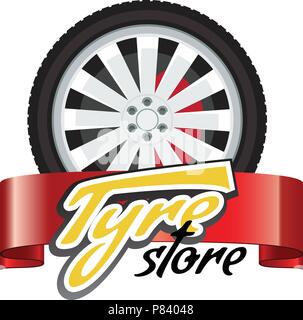 Tyre store or repair logo with red ribbon. Modern, solid and flat color style design vector. Stock Vector
