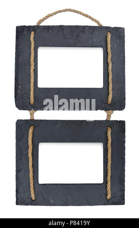 Two hanging photo frames rope stone dark grey black slate isolated on white background Stock Photo