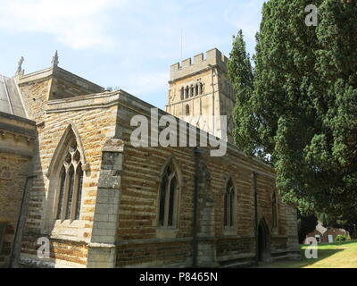 An exterior view of the 10th century Saxon church at Earls Barton, Northamptonshire, England; the construction of the stone tower dates from 970AD. Stock Photo