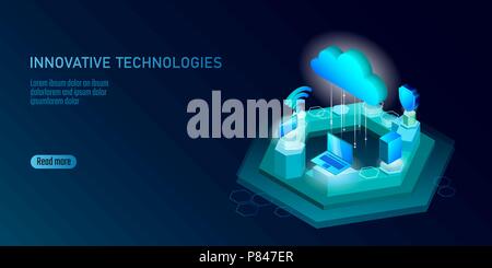 5G new wireless internet wifi connection. Laptop mobile device isometric blue 3d flat. Global network high speed innovation connection data rate technology vector illustration Stock Vector