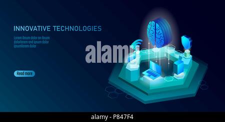 Isometric artificial intelligence business concept. Blue glowing isometric personal information data connection pc smartphone human brain future technology. 3D infographic vector illustration Stock Vector