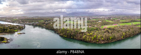 Aerial view of Telford's Suspension Bridge Across The Menai Starights - Wales, UK. Stock Photo