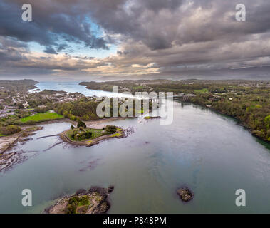 Aerial view of Telford's Suspension Bridge Across The Menai Starights - Wales, UK. Stock Photo