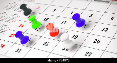 Scheduling concept. Colorful push pins, on a calendar background. 3d illustration. Stock Photo
