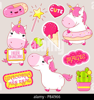 Set of cute unicorns in kawaii style. Unicorn with donut, cactus in flowerpot, magic wand, sticker with inscription magic, i believe in unicors. EPS8 Stock Photo