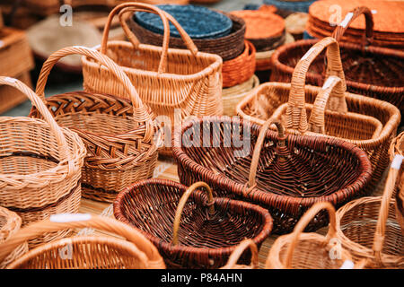 Handcrafts,  Handmade Wicker Baskets  In Local Market. Stock Photo