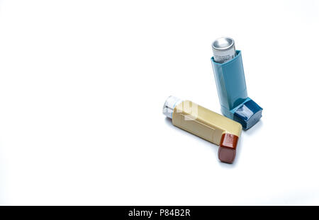 Asthma inhaler. Asthma controller, reliever equipment. Steroids and bronchodilator drug for asthma and chronic bronchitis. Budesonide aerosol CFC free Stock Photo