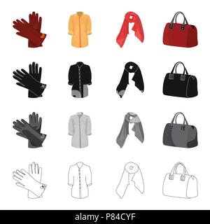 Women's gloves, fur coat, scarf, kerchief, ladies' bag. Women's clothing and accessories set collection icons in cartoon black monochrome outline styl Stock Vector