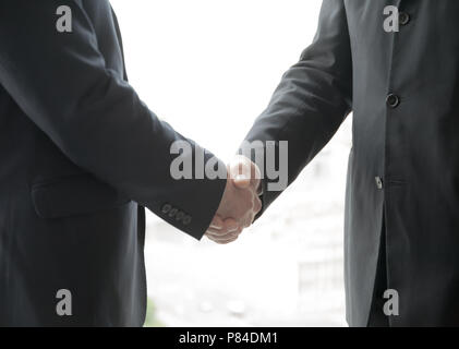 Two businessmen shaking hands standing by windows in office Stock Photo