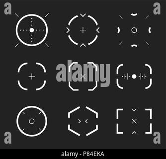 Sniper aim, bullseye, scope icons set, modern gamer collection. Shooting range, aim, target icon collection. Abstract design element, vector illustration on black background. Stock Vector