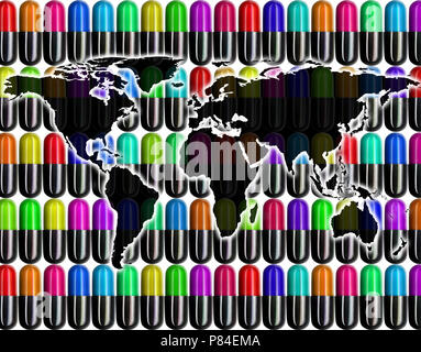 an image of flat world map on pill background Stock Photo