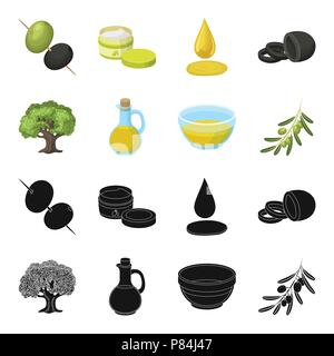 An olive tree, a branch with olives, a vessel and a jug of oil. Olives set collection icons in black,cartoon style vector symbol stock illustration . Stock Vector