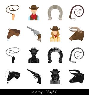Head of a horse, a bull s head, a revolver, a cowboy girl. Rodeo set collection icons in black,cartoon style vector symbol stock illustration . Stock Vector