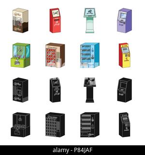 A game machine, a ticket sales terminal, an automaton for selling aqua and chocolate. Terminals set collection icons in black,cartoon style isometric  Stock Vector