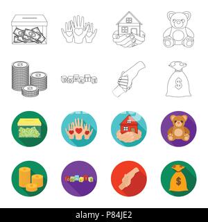 A pile of coins for donations, colored cubes with an inscription, a handshake, a bag of money for donations. Charity and donation set collection icons Stock Vector