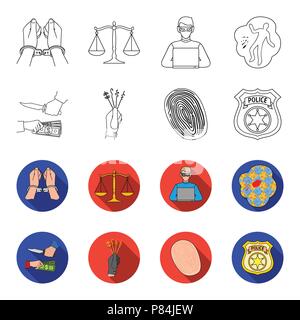 Robbery attack, fingerprint, police officer s badge, pickpockets.Crime set collection icons in outline,flet style vector symbol stock illustration . Stock Vector