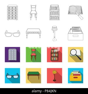 Glasses, a wooden table, a floor lamp, a box with books. A library and a bookstore set collection icons in outline,flet style vector symbol stock illu Stock Vector