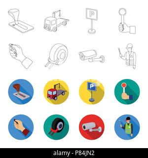 Car alarm, wheel rim, security camera, parking assistant. Parking zone set collection icons in outline,flet style vector symbol stock illustration . Stock Vector