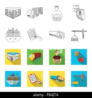 Sea freight, signature of delivery documents, truck, tower crane with a container. Logistics and delivery set collection icons in outline,flet style i Stock Vector