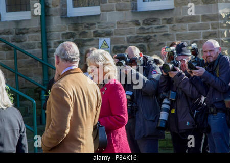 Prince of Wales and Duchess of Cornwall and Charles Prince of Wales being photographed outside The Royal Hall, Harrogate, North Yorkshire, England, UK Stock Photo