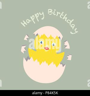 Cute little chicken in broken egg and words Happy Birthday, can be used for baby t-shirt, print design, baby shower, greeting and invitation card - Ve Stock Vector