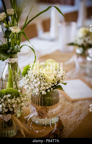 Wedding decorations for table in rustic style, wooden desk Stock Photo