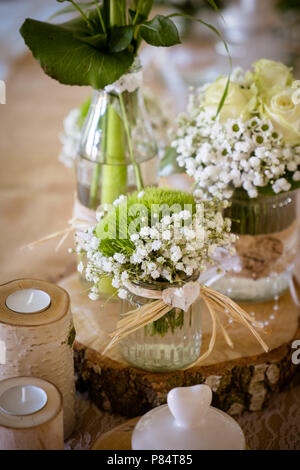 Wedding decorations for table in rustic style, wooden desk Stock Photo