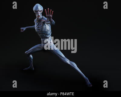 Portrait of an alien creature looking very angry, ready to attack, 3D rendering. Black background. Stock Photo