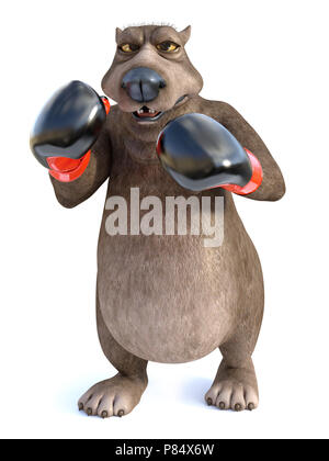 3D rendering of a charming cartoon bear wearing boxing gloves. He looks angry, ready to fight. White background. Stock Photo