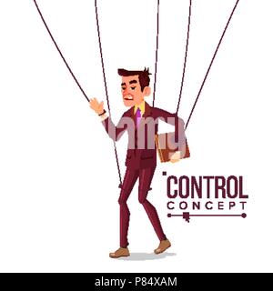 Manipulation Businessman Vector. Puppet Master And Employee. Worker On Ropes. Unfairly Using. Big Hand. Cartoon Illustration Stock Vector