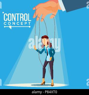 Manipulation Business Woman Vector. Marionette Concept. Worker On Ropes. Dishonestly Under The Influence Of Boss. Unfair. Cartoon Illustration Stock Vector
