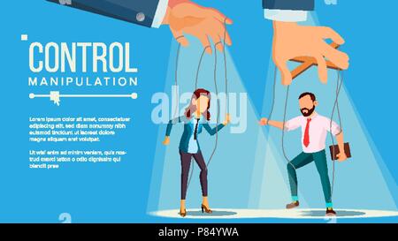 Marionette Concept Vector. Manipulation Big Managing Hand. Employee. Worker On Ropes. Unfairly Using. Cartoon Illustration Stock Vector
